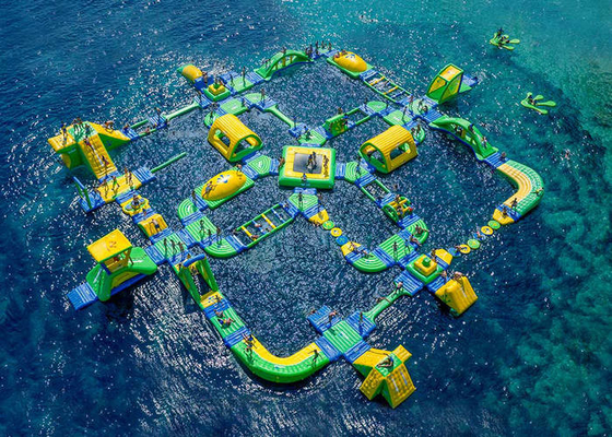 Huge Sized Inflatable Water Park Green / Yellow Printed For Ocean Playground
