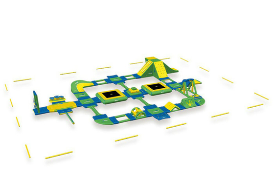 Huge Sized Inflatable Water Park Green / Yellow Printed For Ocean Playground