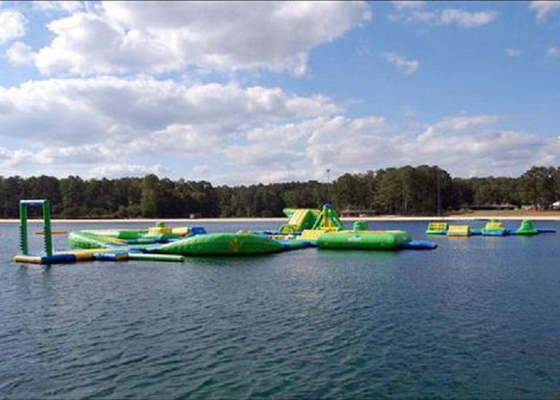 Huge Sized Inflatable Water Park Green / Yellow Printed For Ocean Playground