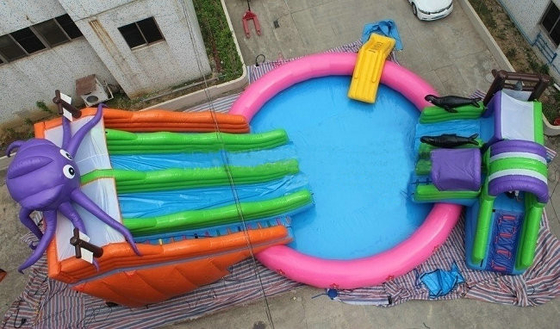 Outdoor PVC Inflatable Water Park OEM Customized With Pool Water Slide